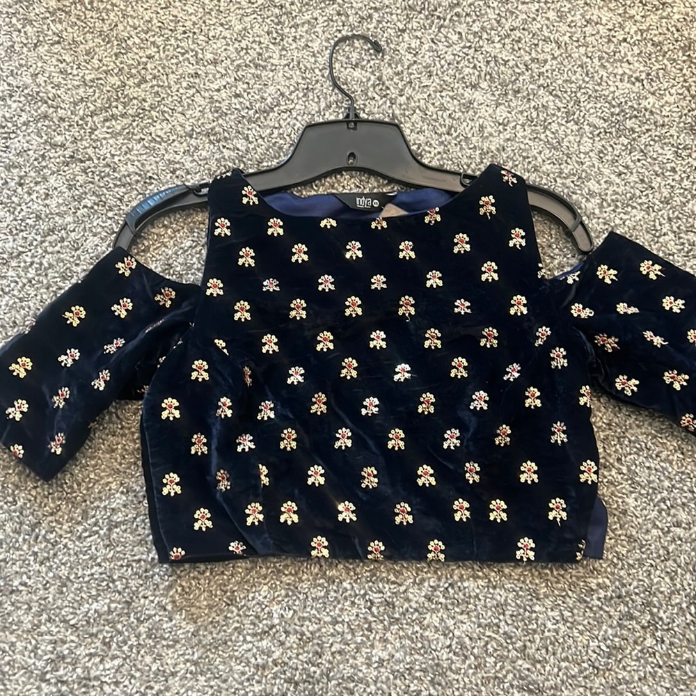 Peep shoulder  velvet crop top/ lengha top